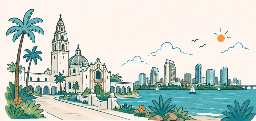 Illustrated San Diego skyline with Balboa Park, the bay, and downtown