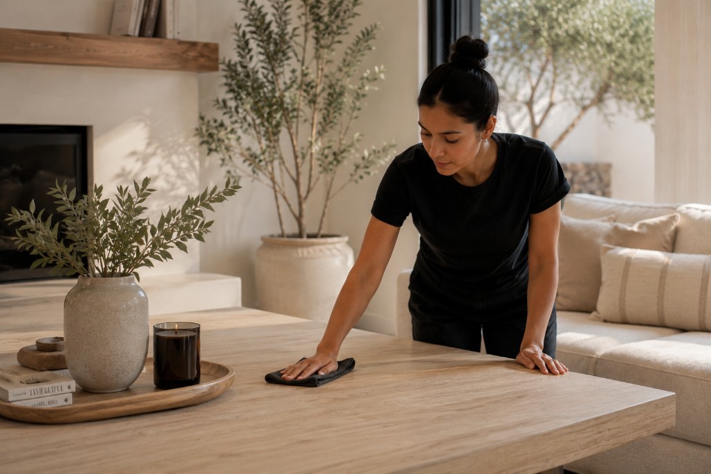 Professional cleaner wiping a dining table in a modern San Diego home