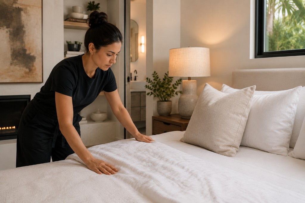 Professional cleaner making a bed in a luxury San Diego home